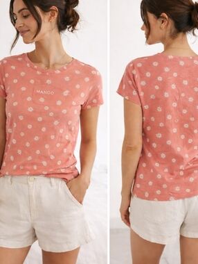 Mango Daisy Print Tee Floral Soft Girl Top Pink XS Relaxed Fit